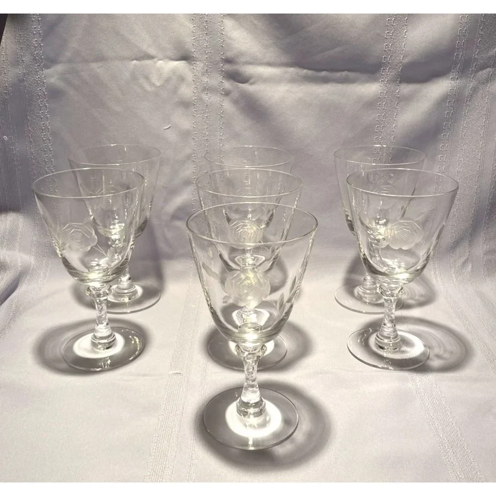 Set of 7 Crystal Rose Etched Iced Tea Glasses Cut Glass Stem Bubbles Vintage - Picture 8 of 10